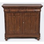 A 19TH CENTTURY DUTCH FLAME MAHOGANY CABINET, the rectangular top above a long cushion drawer with