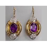 A PAIR OF 18CT YELLOW GOLD, WHITE GOLD, DIAMOND AND AMETHYST EARRINGS, oval amethyst tube set with