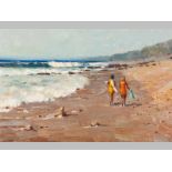 WESSEL MARAIS (1935 - 2009), TWO GIRLS WALKING ON THE BEACH, Oil on board, Signed, 49 x 75cm