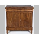 A 19TH CENTURY DUTCH FLAME MAHOGANY CABINET, the rectangular top above a linen-fold cushion drawer