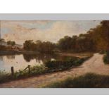 J. WILMOT (19TH CENTURY) BRITISH, RIVER SCENE NEAR KENSINGTON, Oil on board, Signed, titled and