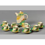 A CLARICE CLIFF "ORANGE SECRETS BIZARRE" SIX PLACE COFFEE SET, comprizing: coffee pot, creamer,