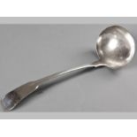 A CONTINENTAL SILVER FIDDLE PATTERN SOUP LADLE, the terminal with an engraved deer, 30cm long,