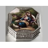 A CONTINENTIAL SILVER AND ENAMEL TRINKET BOX, the hinged top depicting a romantic scene, of