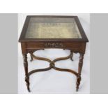 AN EDWARDIAN MAHOGANY COLLECTORS DISPLAY VITRINE, the square top with bevelled glass inset, above