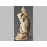 A FINE CHINESE IVORY CARVING OF KWAN YIN, SECOND HALF OF THE 19TH CENTTURY, CIRCA 1860, seated on