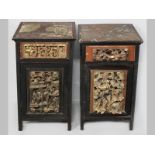 A NEAR PAIR OF INDONESIAN PEDESTAL CABINETS, the square painted tops above single drawers with a