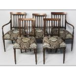 A SET OF FIVE EDWARDIAN SHERATON REVIVAL DINING CHAIRS, including two carvers, the top-rails cross-