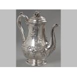 A VICTORIAN SILVER COFFEE POT LONDON 1862, JOHN SAMUEL HUNT, hinged cover with floral form finial,