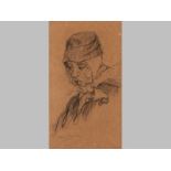 ALEXANDER ROSE-INNES (1915 - 1996), PORTRAIT OF A MAN WEARING A HAT, Charcoal sketch on brown paper,