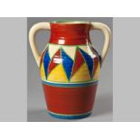 A CLARICE CLIFF "ORIGINAL BIZARRE" TWIN-HANDLED LOTUS VASE, painted with a band of triangles in