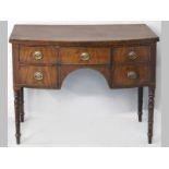 A SMALL GEORGE III FLAME MAHOGANY SIDEBOARD, the bow-fronted top with an ebony inlaid edge, above