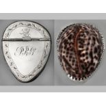 A SILVER MOUNTED COWRIE SHELL TRINKET BOX, pin-prick engraved with foliage, griffon and initails P.