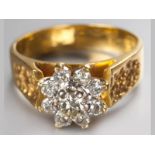 AN 18CT YELLOW GOLD AND DIAMOND CLUSTER RING, centre claw set brilliant cut diamond surrounded by