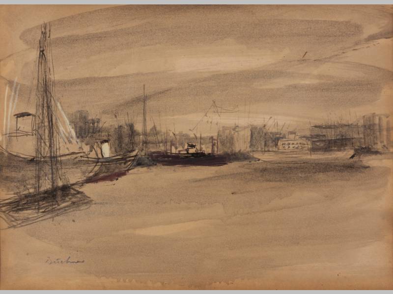 CARL ADOLPH BÜCHNER (1921 - 2003), BOATS IN HARBOUR, Mixed media on paper, Signed in pencil, 25 x