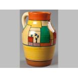 A CLARICE CLIFF "BRANCH AND SQUARE BIZARRE" SINGLE HANDLED VASE, painted in colours, base with