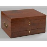 A VICTORIAN MAHOGANY STATIONERY BOX, the hinged top inlaid with shell motif, twin brass carrying
