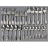 AN ASSEMBLED SET OF 19TH CENTURY ENGLISH SILVER FIDDLE PATTERN CUTLERY, VARIOUS DATES AND MAKERS,