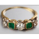 AN 18CT YELLOW GOLD, EMERALD AND DIAMOND RING, three claw set diamonds interspaced with two