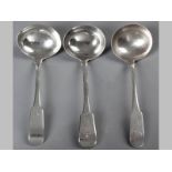 THREE GEORGE III IRISH SILVER FIDDLE PATTERN SAUCE LADLES DUBLIN 1780, 1807 & 1832, THOMAS MANING,