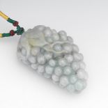 Chinese Carved Jade Boulder Fashioned as Grape Cluster on Silk Cord