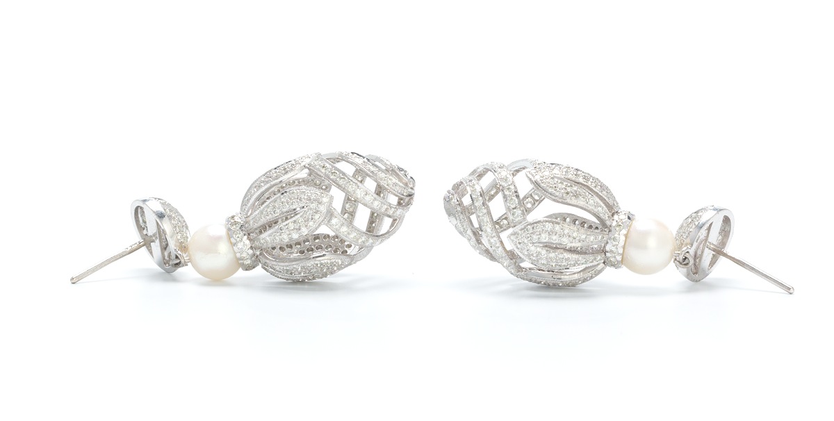 A Pair of Diamond and Pearl Pendant Earrings - Image 4 of 5