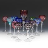 Twelve Bohemian Color Cut to Clear Wine Glasses and One Large Glass