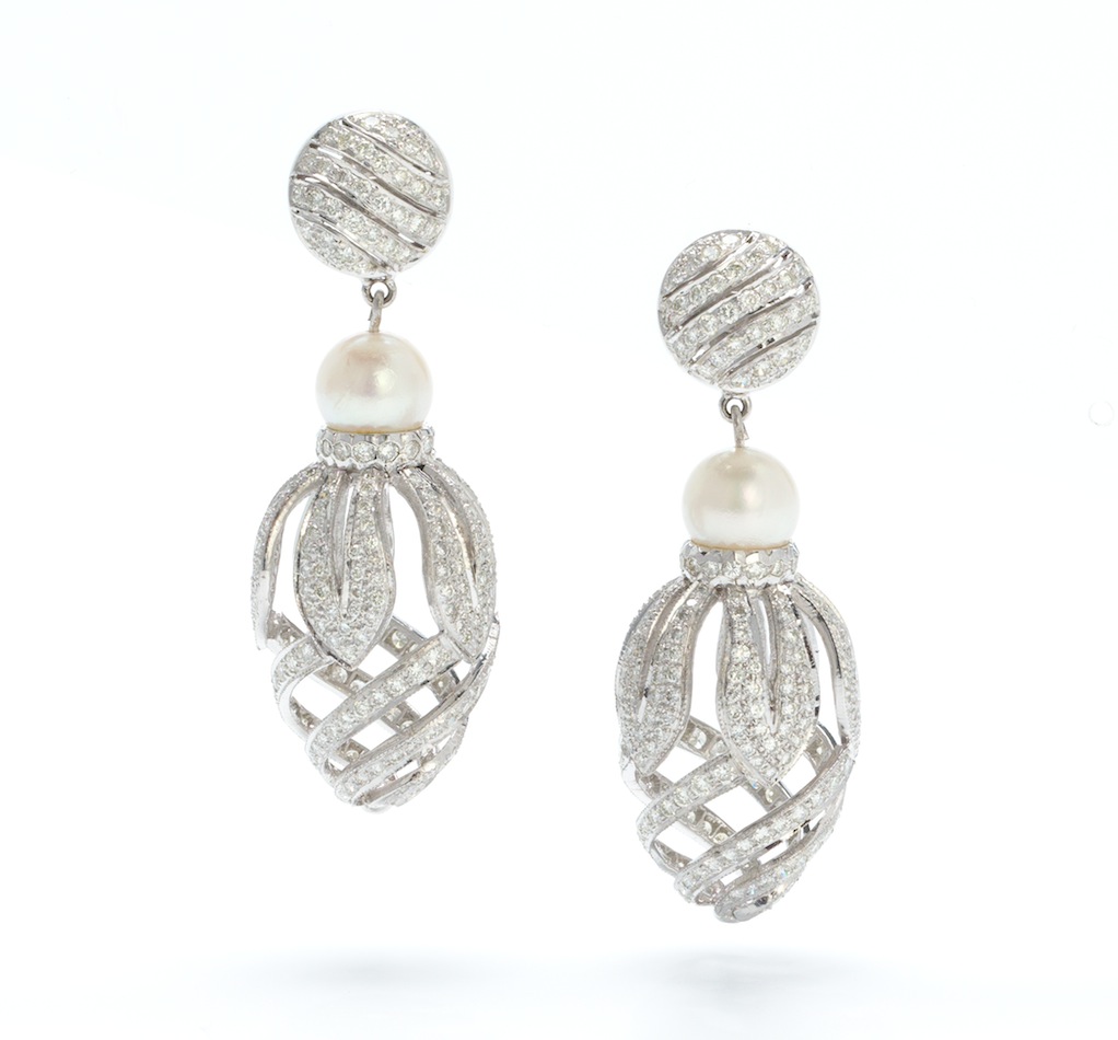 A Pair of Diamond and Pearl Pendant Earrings