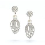 A Pair of Diamond and Pearl Pendant Earrings