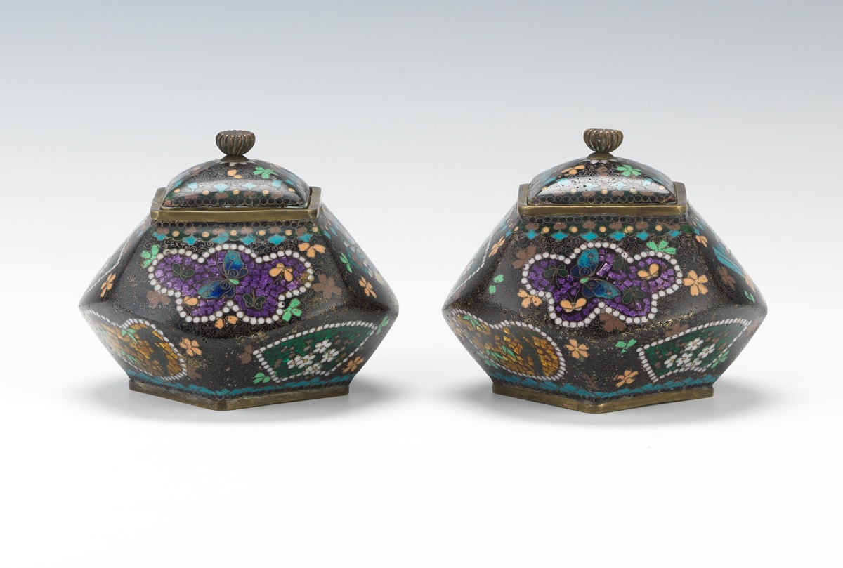 Pair of Unusually Shaped Cloisonne Covered Jars