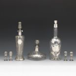 Art Nouveau Set of Three Glass Decanters with Sterling Silver Overlay and Four Cordials, ca. 1900's