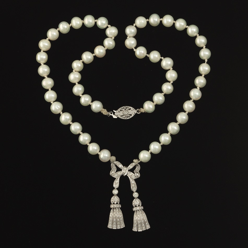 Ladies' Pearl and Diamond Bow Necklace