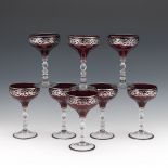 Set of Eight Ruby Red and Clear Glasses with Silver Overlay