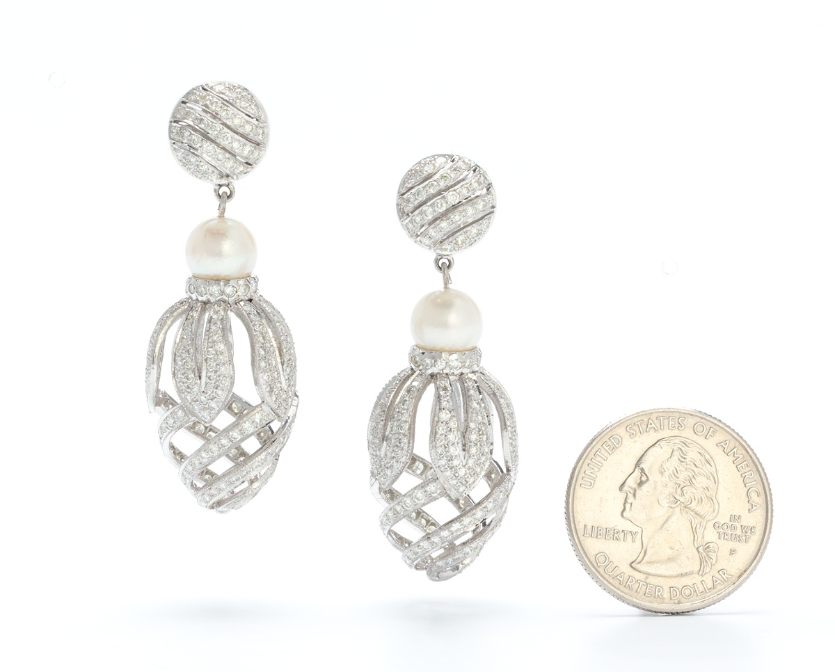 A Pair of Diamond and Pearl Pendant Earrings - Image 2 of 5
