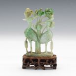 Chinese Carved Jade Sculpture of Two Storks with Lotus Flowers, on Carved Rosewood Stand