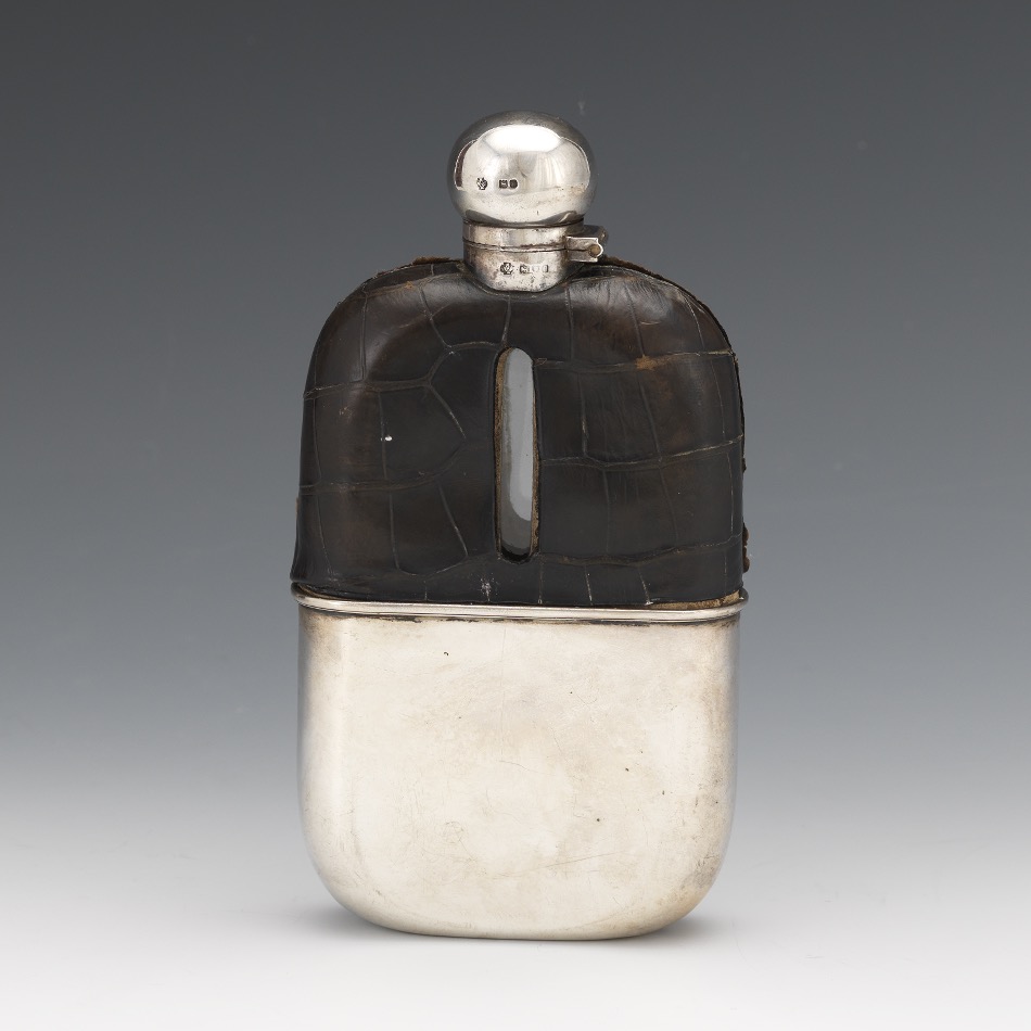 William Hutton & Sons, Sterling Silver, Gold Wash, Glass and Crocodile Flask, England, ca. 1900 - Image 3 of 8
