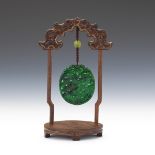 Chinese Carved Green Jade Chime Stone Dragon Ornament and Wood Stand