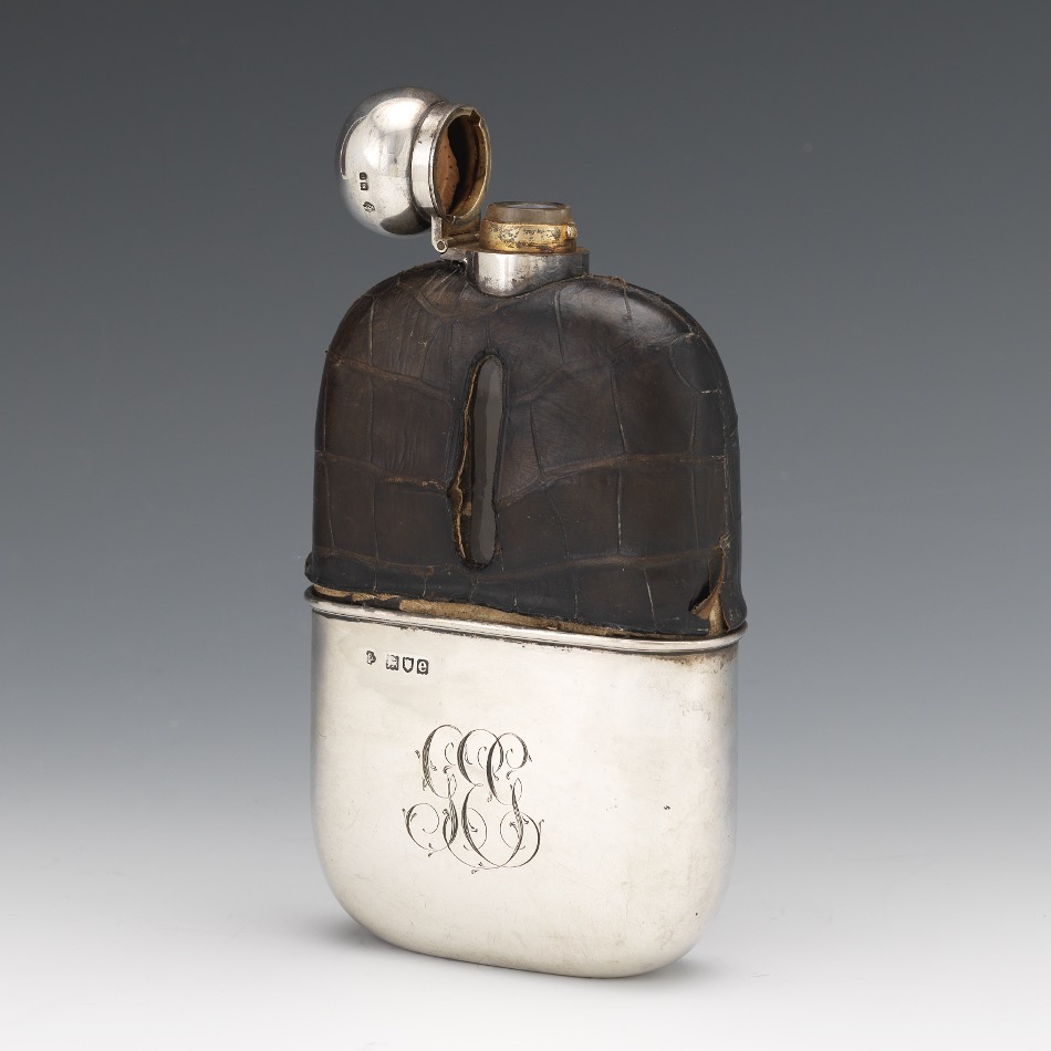 William Hutton & Sons, Sterling Silver, Gold Wash, Glass and Crocodile Flask, England, ca. 1900 - Image 5 of 8