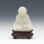 Chinese Carved White Jade Buddha on Carved Rose Wood Stand