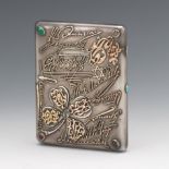 Russian Silver Cigarette Case with Multiple Gold Signatures and Gemstones