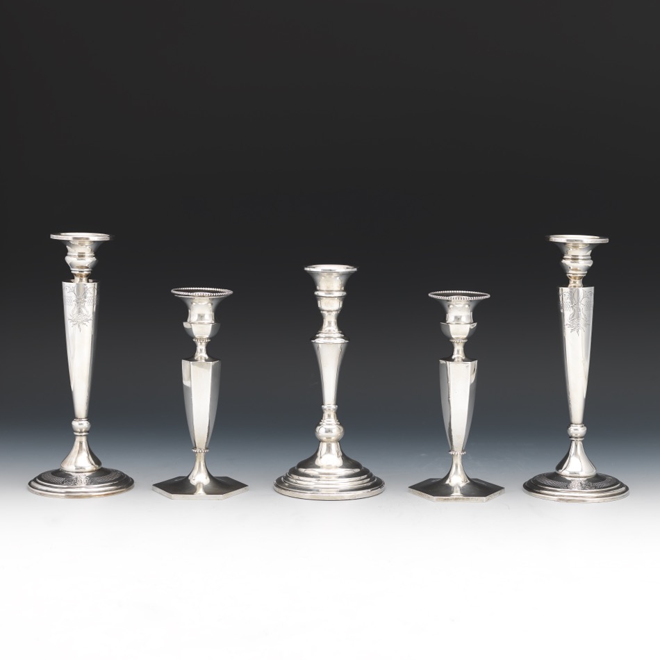Five Sterling Silver Candleholders Including Pair of George A. Henckel & Co. for The Hardy & Hayes
