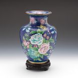 Chinese Cloisonne Peony and Moth Vase on Carved Wood Stand, ca. Early 20th Century