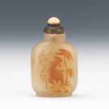 Chinese Carved Agate Snuff Bottle of Phoenix, Bronze Coral Top