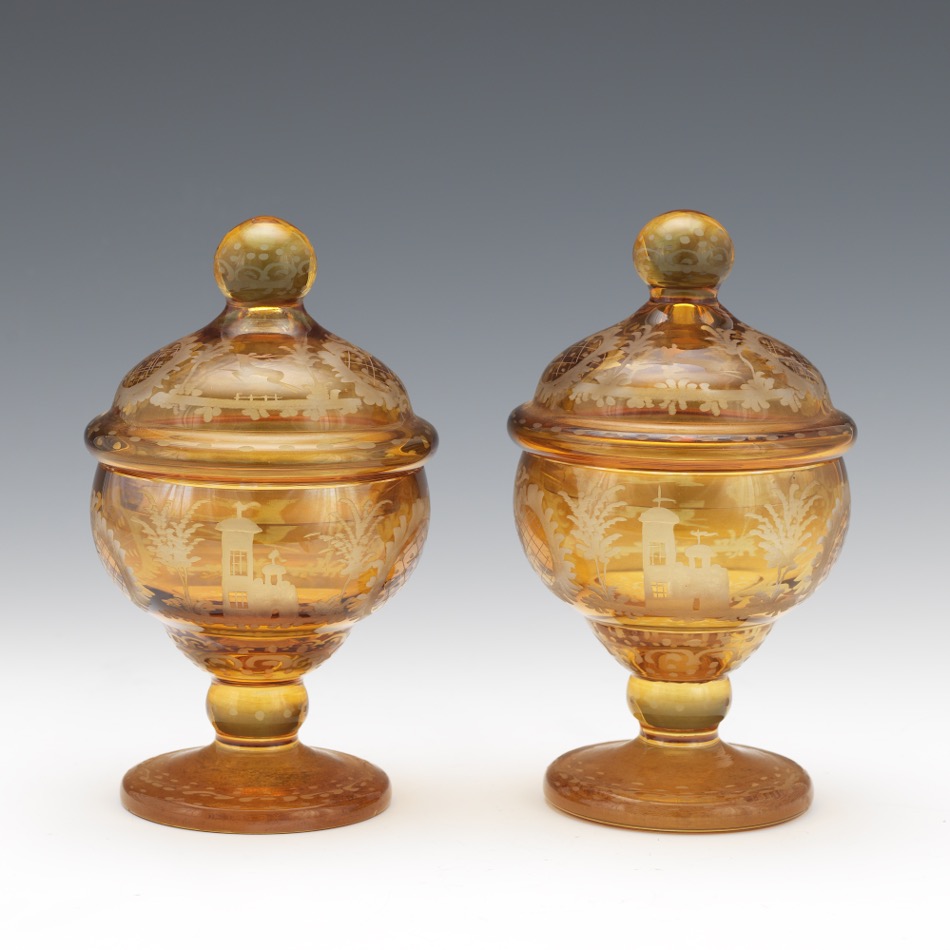 Near Pair of Bohemian Amber Glass Footed BonbonniÃ¨res with Covers, ca. 19th Century - Image 2 of 7