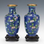 Chinese Pair of Cloisonne Enamel Vase on Carved Wood Stands