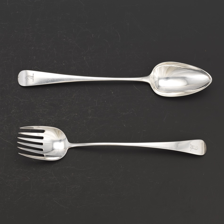 George III Armorial Sterling Silver Serving Fork and Spoon by Richard Crossley and Peter, Ann and W - Image 2 of 4
