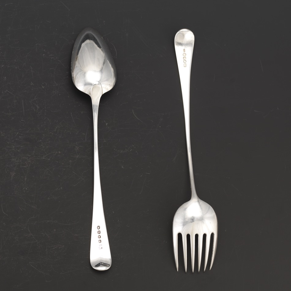 George III Armorial Sterling Silver Serving Fork and Spoon by Richard Crossley and Peter, Ann and W - Image 3 of 4