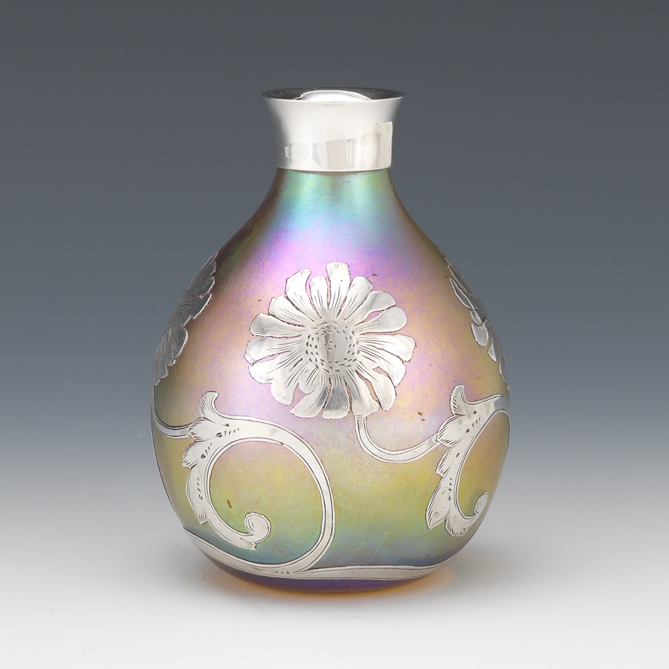 Quezal Silver Overlaid Art Glass Vase
