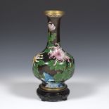 Chinese Cloisonne Enameled Chrysanthemum and Magnolia Vase on Carved Wood Stand