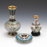 Two Chinese Cloisonne Enameled Vases and Round Container with Cover